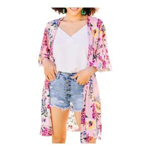 Umgee Floral Kimono Duster‎ Open Front Lightweight Blush Pink Women Size Large